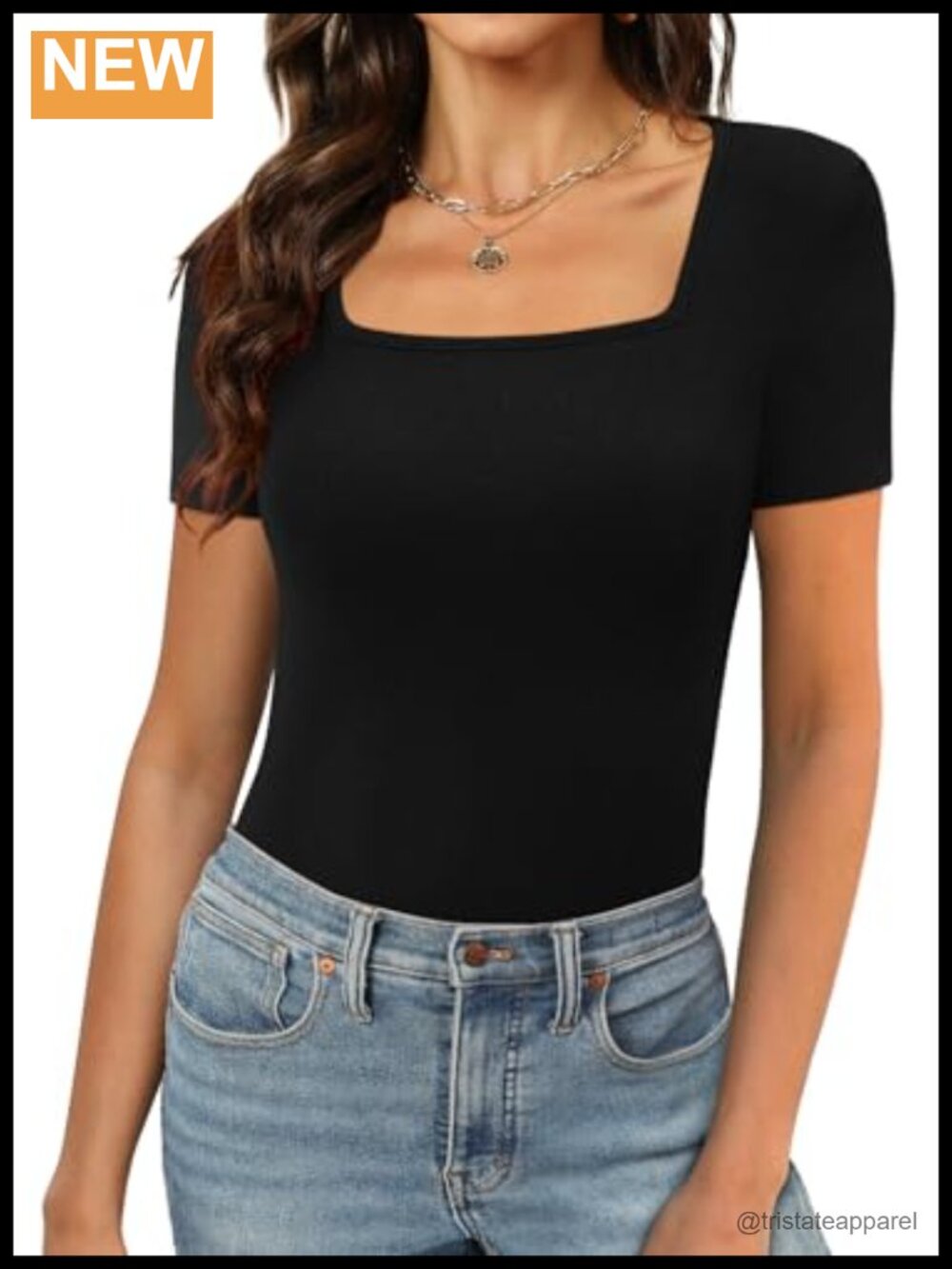 Womens Square Neck Slim Fit Short Sleeve Top Stretchy Basic Tee